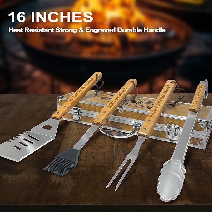 Retirement Gifts for Men, Retired Gift for Dad, Grandpa, Coworker, Retirees Heavy Duty Wooden BBQ Grill Accessories Kit, Thick Stainless Steel Grill Utensil with Non-Slip Handle Tools in Portable Box