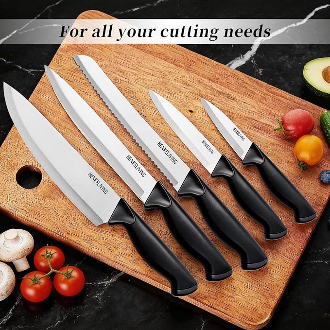 Knife Set, 6-Piece Kitchen Knife Set, German High Carbon Stainless Steel, Durable & Easy Clean Knife Block, Black