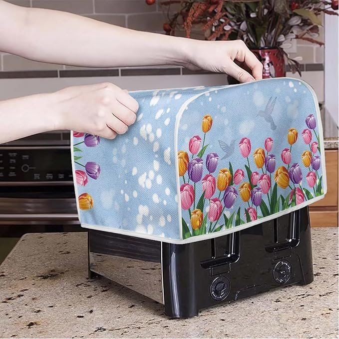 JEOCODY Toaster Oven Covers - Extra Large Blue Flower Bread Maker Cover, Fits Most Standard 2 Slice Toasters