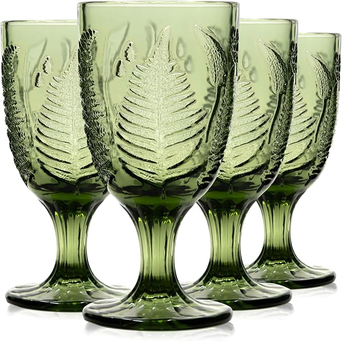 Vintage Green Stemmed Goblets Set of 4, Fern Embossed Textured Glass Wine Goblets, Retro Boho Colored Stemware, Decorative Drinking Glasses for Water, Wine & Cocktails, Vintage Glassware Gift Set