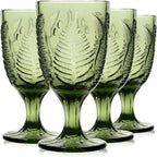Vintage Green Stemmed Goblets Set of 4, Fern Embossed Textured Glass Wine Goblets, Retro Boho Colored Stemware, Decorative Drinking Glasses for Water, Wine & Cocktails, Vintage Glassware Gift Set