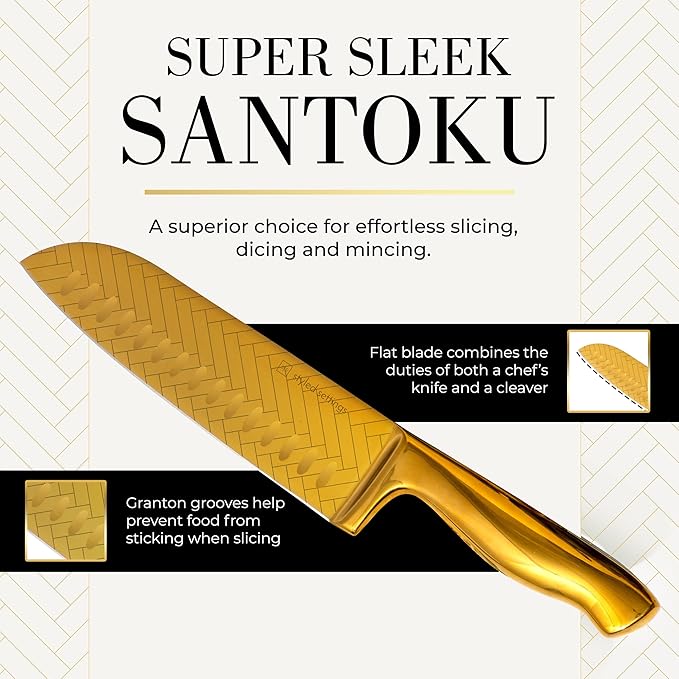 Styled Settings Gold Knife Set with Block and Sharpener – 14PC Golden Titanium-Coated Blades with Bold Herringbone Pattern, Knife Block with Built-in Sharpener, Durable, Luxury Kitchen Knives Set