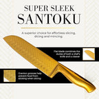 Styled Settings Gold Knife Set with Block and Sharpener – 14PC Golden Titanium-Coated Blades with Bold Herringbone Pattern, Knife Block with Built-in Sharpener, Durable, Luxury Kitchen Knives Set