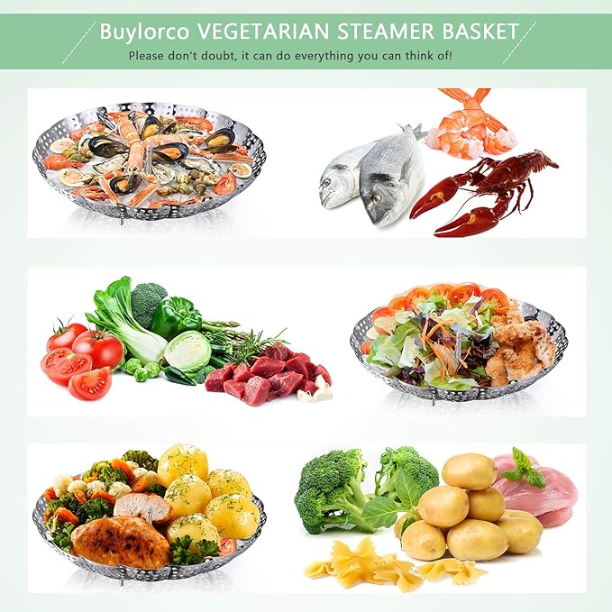 Buylorco Stainless Steel Folding Vegetable Steamer Insert for Veggie & Seafood Cooking (fits pots 6" to 10")
