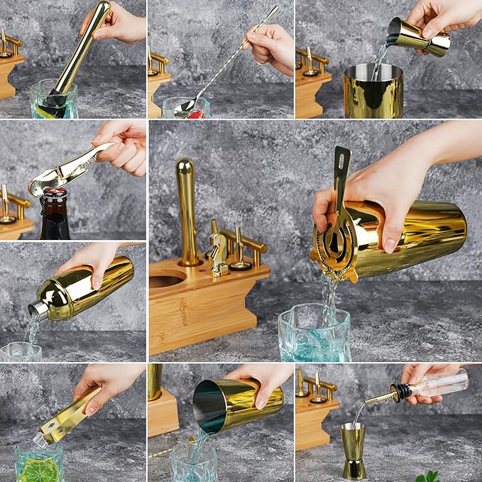 JNWINOG Cocktail Shaker Set Stainless Steel Bartending Kit 18.6oz Cocktail Bar Set Cocktail Mix Drink Making Kit Professional Bar and Home Drink Bar Tools for Bartender (Gold, 12Pcs-1)