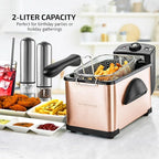 OVENTE Electric Deep Fryer 2L Capacity, Lid with Viewing Window, Adjustable Temperature, Removable Frying Basket & Cool Touch Handle, 1500W Power, Easy to Clean Stainless Steel Body, Copper FDM2201CO