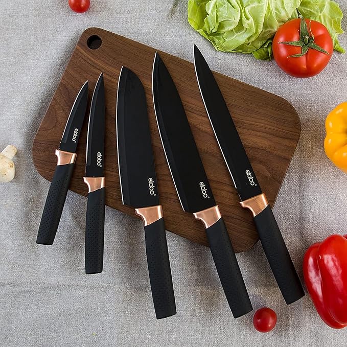 elabo 6 Piece Kitchen Knife Set – Premium Stainless Steel Knife Set with Block, Knives Set for Kitchen, Sharp Knife Block Set with Non-Stick Coating, Dishwasher Safe, Space-saving, Rose Gold