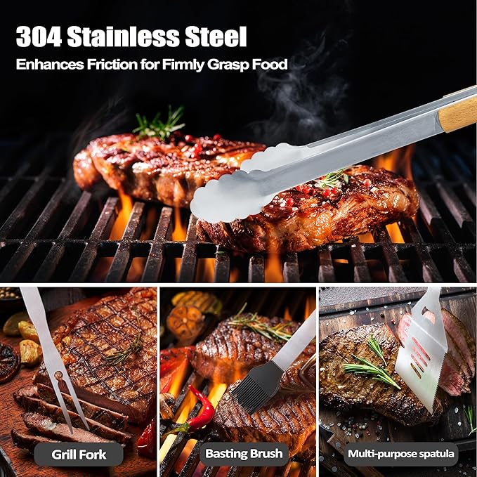 Step Dad Gifts from Daughter Fathers DatHeavy Duty Wooden BBQ Grilling Accessories Kit for Backyard, Thick Stainless Steel Grill Utensils with Non-Slip Handle Tools in Portable Bag Birthday
