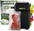 InstaSeal Vacuum Sealer for Food with 12 Bags, Preserves Foods 5x Longer, Space Saving Compact Upright Design Allows Machine to Heat Seal Marinades, Soups, Meats for Sous Vide Cooking