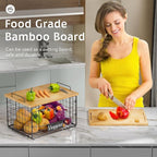 2 Set XL Wire Storage Basket with Bamboo Tops & Tags for Potato and Onion, Stackable Kitchen Counter Organizers for Pantry Organizer and Storage, Metal Storage Bins for Fruit Veggies Snack Can