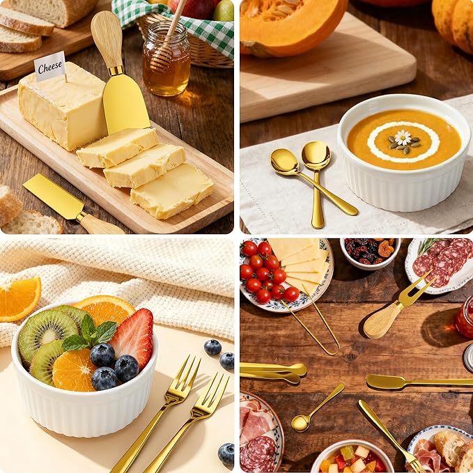Charcuterie Boards Accessories Bowls Gold, Cheese Butter Spreader Knife Set Mini Serving Tongs, Forks, Spoons,Dipping Bowls with Lids, Toothpick Flags, Honey Dippers For Party Platter Making