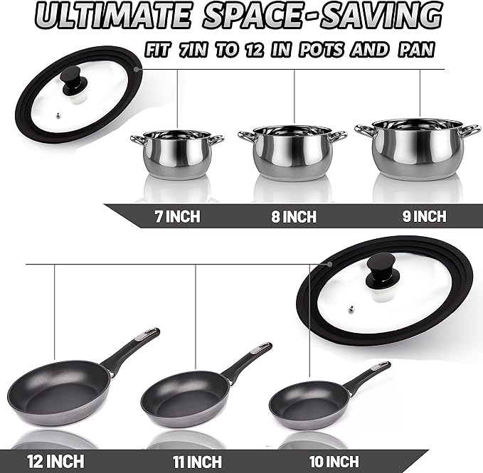 Lerykin Tempered Glass Lid Set of 2 - Universal Lids with Heat Resistant Silicone Rim for Pots, Pans and Skillets - Pan Cover Replacement Lids Fit 7", 8" & 9" and 10", 11" & 12" Diameter Cookware