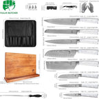 FULLHI 15pcs Japanese Knife Set with Magnetic Knife Block Holder, Stainless Steel Blades, White Resin Ergonomic Handles for Professional and Home Cooking