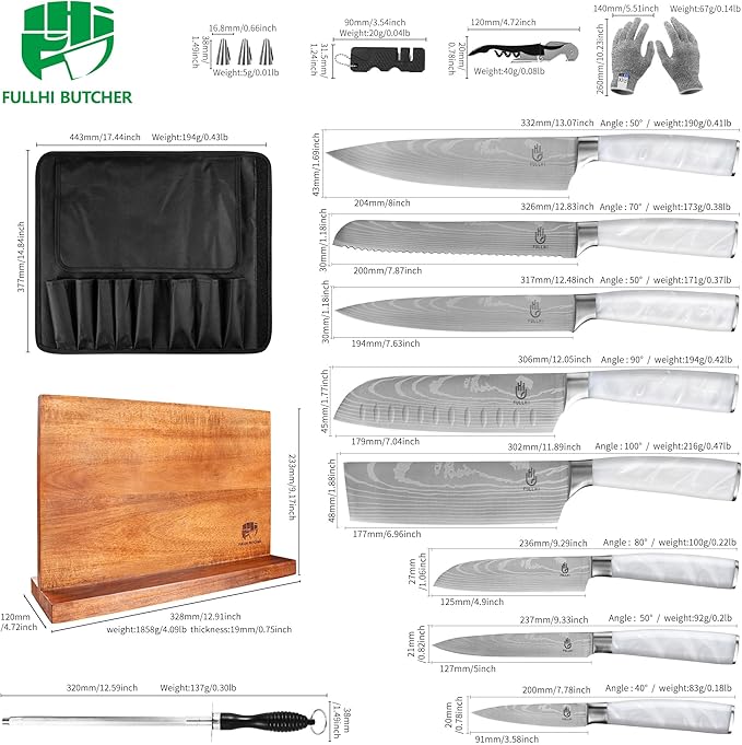 FULLHI 15pcs Japanese Knife Set with Magnetic Knife Block Holder, Stainless Steel Blades, White Resin Ergonomic Handles for Professional and Home Cooking