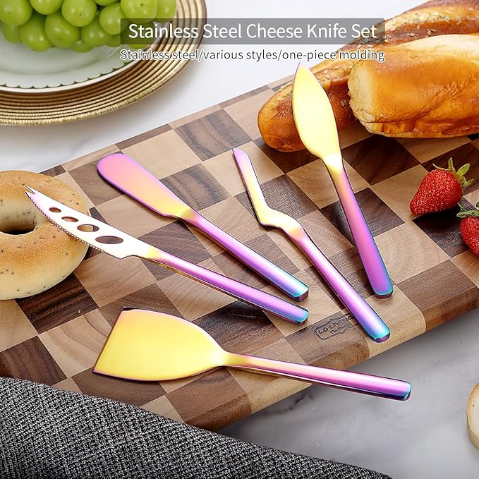 Berglander Rainbow Cheese Knife Set of 5 for All Types of Cheese, Colorful Titanium Plating Cheese Cutter Slicer Ergonomic Design for Confortable Grip and Cut, Butter Spreader Knife