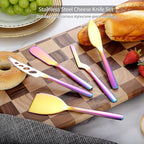 Berglander Rainbow Cheese Knife Set of 5 for All Types of Cheese, Colorful Titanium Plating Cheese Cutter Slicer Ergonomic Design for Confortable Grip and Cut, Butter Spreader Knife