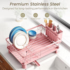 SNTD Dish Drying Rack - Small Dish Rack for Kitchen Counter, Stainless Steel Dish Drainer with Utensil Holder and Drainboard, 11" W x 15" L (Pink)