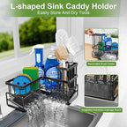 Large Sponge Holder for Kitchen Sink, 90-Degree Sink Caddy Organizer with Dish Brush Holder for Countertop Corner Storage Rack, Metal L-Shaped Kitchen Sink Sponge Soap Organizer Storage Ideas