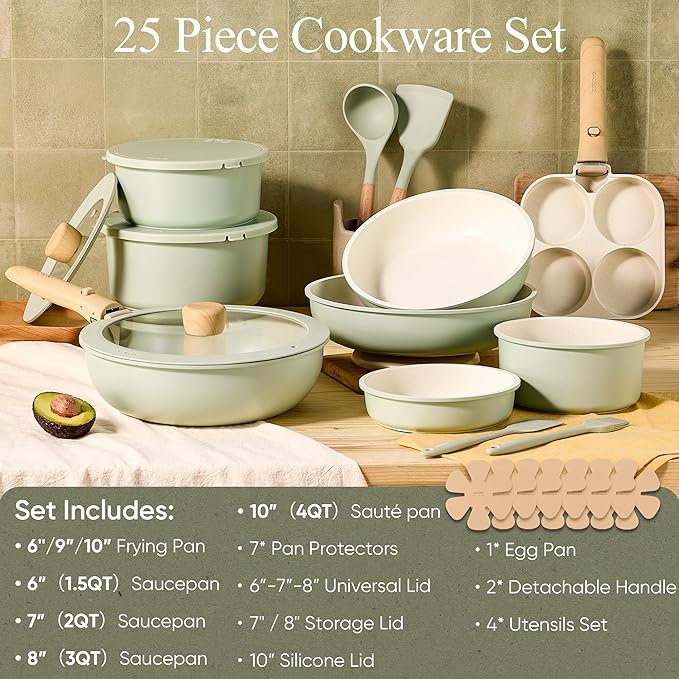 CAROTE 25pcs Pots and Pans Set Non Stick, Cookware Sets, Kitchen Set, Oven/Dishwasher/Fridge Safe, Space Saving Pots Set, Nonstick Set with Versatile Detachable Handle, Induction RV Set, Green