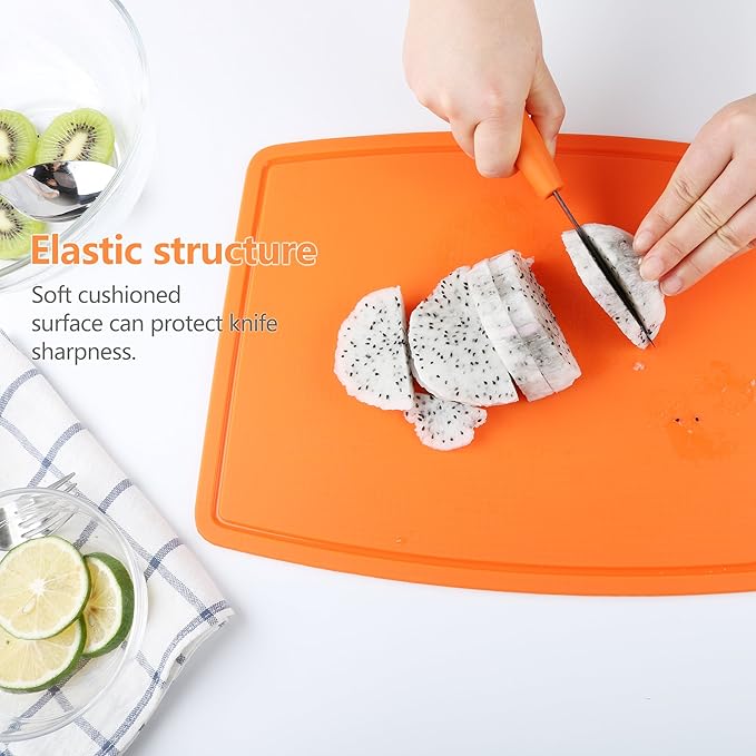 Liflicon Thick Cutting Boards for Kitchen Silicone Chopping Board Set of 2 Mid 12.6'' x 9.1”,Mini 9.1”x7.1” Non-slip Deep Drip Juice Groove Easy Grip Handle,Dishwasher Safe-Orange