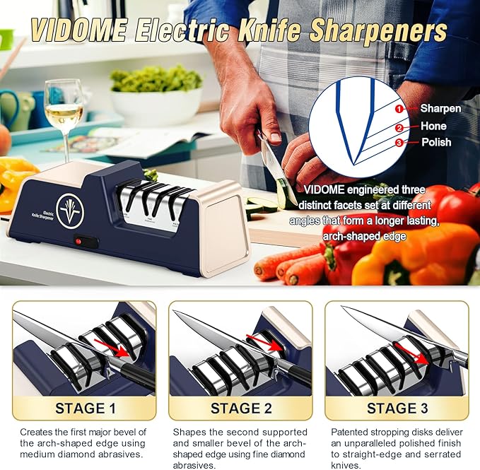 VIDOME Professional Electric Knife Sharpener with 100% Diamond Abrasives and Precision Angle Guides for Kitchen Straight Edge&Ceramic Knife Work Sharp, 3-stage Champagne Gold, afilador de cuchillos