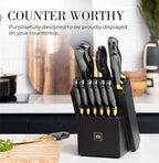 Black and Gold Knife Set with Block and Sharpener – 14-Piece Full Tang Golden Knives with Self-Sharpening Knife Block – Gold Kitchen Accessories for Cooking and Prepping; Ideal for Gifting