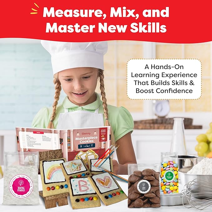 Baketivity Masterpiece Cookies Kids Baking Kit - Cooking Kit for Kids with Premeasured Ingredients, Step by Step Instructions, Paint Brushes, Art Lessons - Baking Set for Girls, Boys Ages 6-12