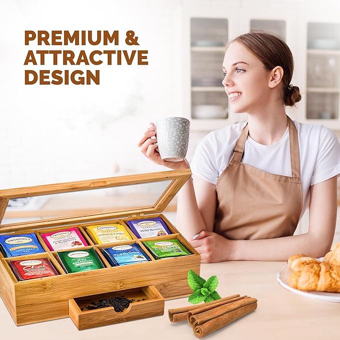 Bambüsi Tea Box Organizer with Drawer - 8 Compartment Bamboo Wooden Tea Storage Chest with Acrylic Window & Magnetic Lid - Tea Accessories & Gift Set for Women, Birthdays, House Warming Gifts New Home