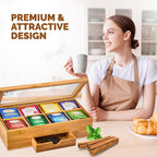 Bambüsi Tea Box Organizer with Drawer - 8 Compartment Bamboo Wooden Tea Storage Chest with Acrylic Window & Magnetic Lid - Tea Accessories & Gift Set for Women, Birthdays, House Warming Gifts New Home