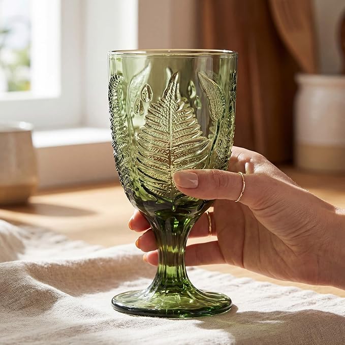 Vintage Green Stemmed Goblets Set of 4, Fern Embossed Textured Glass Wine Goblets, Retro Boho Colored Stemware, Decorative Drinking Glasses for Water, Wine & Cocktails, Vintage Glassware Gift Set