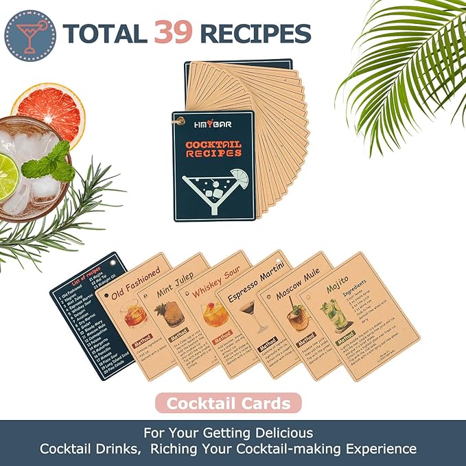 HMYBAR® 22-pc Cocktail Shaker Set(24oz/700ml) | Mixology Bartender Kit | Bar Tool Set | Martini Making Set with 39-Recipe Cocktail Cards & Kit's Deco, Bamboo Stand Natural Color, Silver Tools