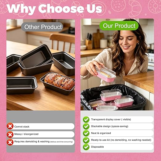 NPLUX 50 PACK Mini Cake Pans with Lids and Spoons,Rectangular Aluminum Foil Bread Pan,Mini Loaf Pans and Food Containers with Lids(Pink,6.8oz)