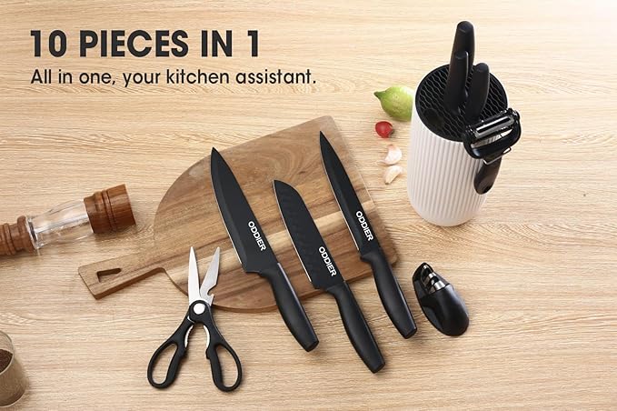 Knife Set, 10 Piece Kitchen Knife Set with Block and Sharpener, Anti-Rust Stainless Steel Knives Set for Kitchen, Chef Universal Knife Block Set, Dishwasher Safe, Ergonomical Design, White