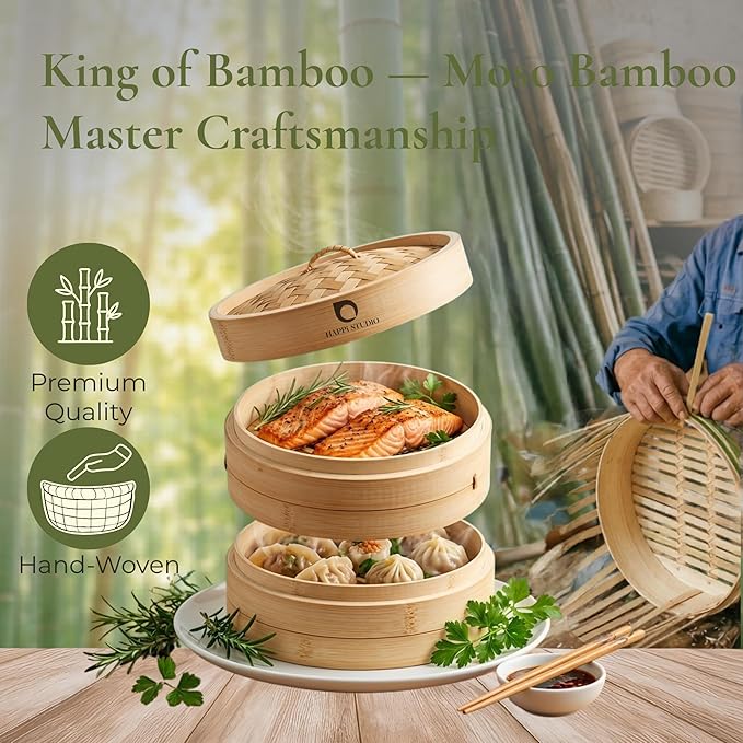 HAPPI STUDIO Bamboo Steamer Basket 10 Inch - 2 Tier Dumpling Steamer for Cooking Dim Sum Bao Buns Momo Rice Vegetables - Chinese Basket for Dumplings with Lid - Japanese Steam Baskets