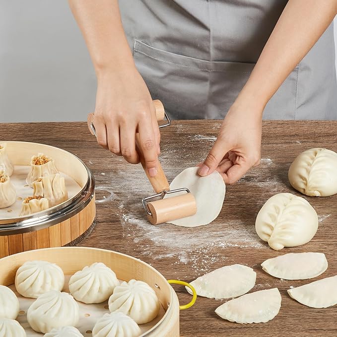 MacaRio Bamboo Steamer Basket Set 10 inch Dumpling Steamer for Cooking with Side Handles Ring Adapter Roller Dumpling Cutter & Press Liners for Dim Sum Dumplings Buns Seafoods Vegetables Rice