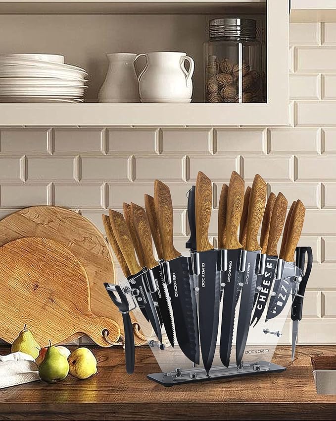 Kitchen Knife Set with Block, all in one 19 PCS High Carbon Stainless Steel Sharp Serrated Steak Knives Set, Chef Knives, Bread Knife, Scissor, Sharpener