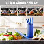 Kitchen Knife Set with Block, 6-Piece Non-stick Stainless Steel Sharp Knives Set for Precision Cutting with Universal Knife Block for Kitchen, Ergonomic Design & Dishwasher Safe, Purple