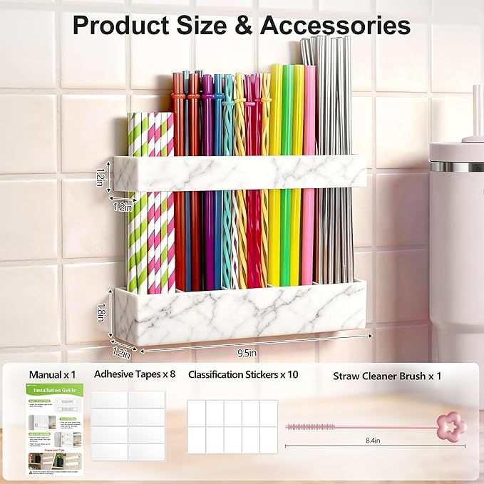 9.5” Large Acrylic Straw Holder for Cabinet Door, Reusable Adjustable Two-Part Straws Organizer with Ultra Sticky Adhesive Strips, 2026 Straw Storage for Kitchen Cupboard (Marble Color)