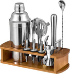 16 Piece Bartender Kit with Bamboo Stand | Cocktail Shaker Set Essential Bar Tools Wine Shaker Ice Filter Mixing Spoon Jigger Wine Dispenser