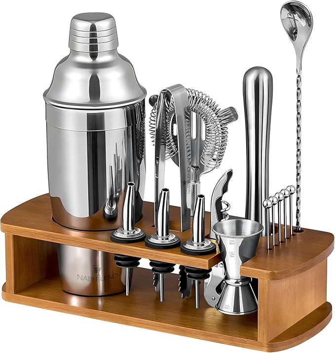 16 Piece Bartender Kit with Bamboo Stand | Cocktail Shaker Set Essential Bar Tools Wine Shaker Ice Filter Mixing Spoon Jigger Wine Dispenser