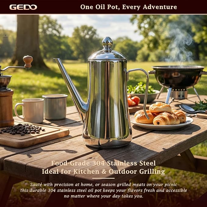 GEDO 304 Stainless Steel Oil Dispenser, Eagle Beak Drip-Free Spout Oil Pot with Extra Wide Mouth & Air Vent Lid, Large Capacity for Kitchen Cooking & Outdoor Grilling (1.37QT / 1300ml)