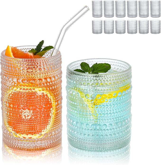 HomeVogue Hobnail Drinking Glasses Set of 12, 12oz & 15oz Vintage Glassware Set Cocktail Glass Set, Embossed Clear Water Tumbler,for Beer, Whiskey,Juice and Various Mixed Drinks (12 Pack-Clear)