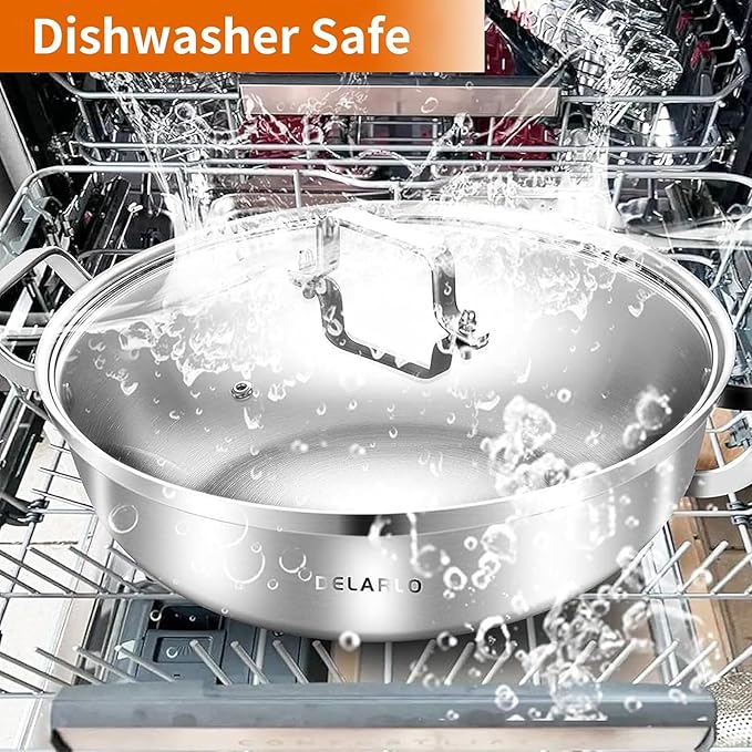 Delarlo Tri-Ply Stainless Steel Hot Pot 14 inch Everyday pan With lid, Everything Pan, Durable Deep Saute Pan, 7QT Induction Cooking Pot,Woks & Stir-Fry Pans Oven Safe Stock Pot