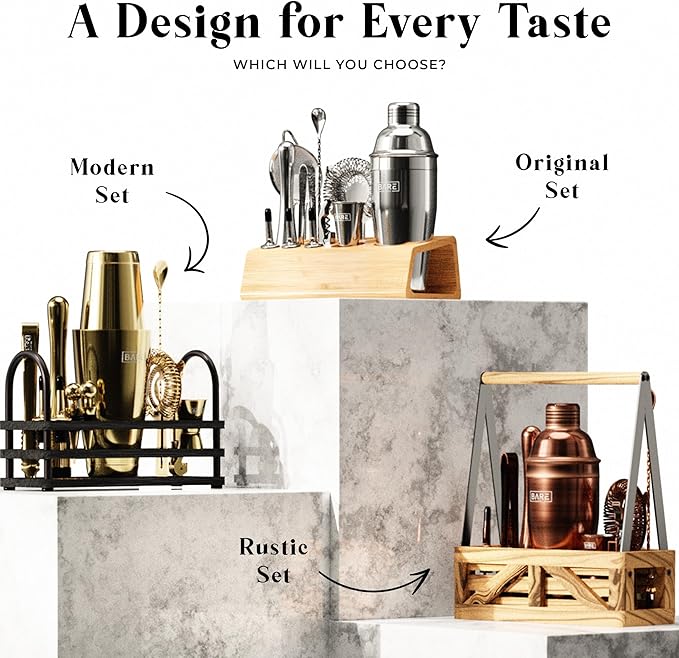 BARE BARREL® Mixology Bartender Kit Bar Set | 14-Piece Cocktail Shaker Set | Martini Barware Mixing Tools for Home Bartending | Incl. 35 Recipe Cards | Gift Set (24oz Cobbler Shaker, Jet Black/Black)