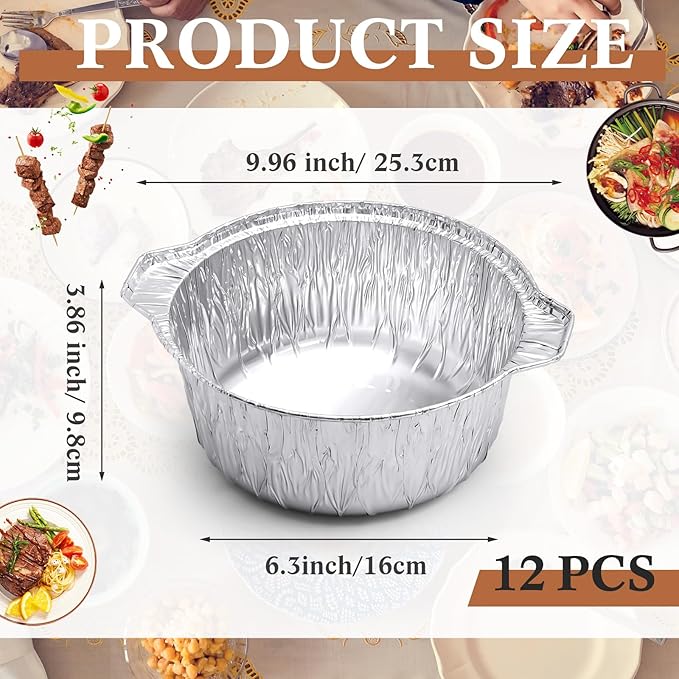 Ziliny Disposable Aluminum Pot with Lid Round Foil Pans Disposable Cookware Food Container for Vacation Trips Camping Baking Heating Cooking(12 Pcs,74.4 oz)