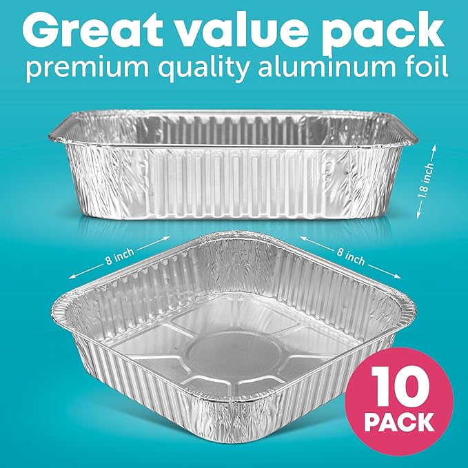 8x8 Disposable Aluminum Pans - 10 Pack Foil Pans For Cooking, Baking Cakes, Roasting & Homemade Breads - Disposable Food Containers