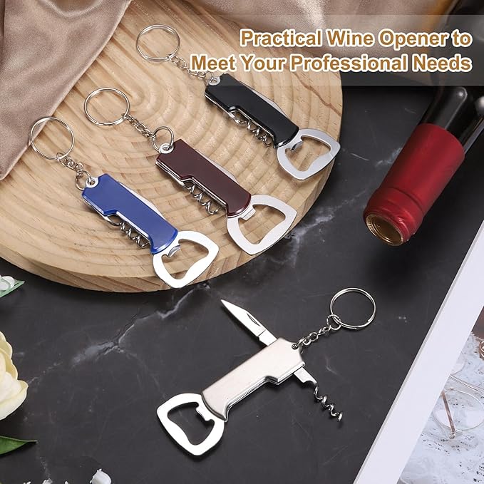 uxcell 2 Pcs Wine Opener, Bottle Opener Keychain, Durable Stainless Steel Waiter's Corkscrew, Compact All-In-One Home Bar Tool for Bar, Party, Wedding, Home, Travel, Dark Red