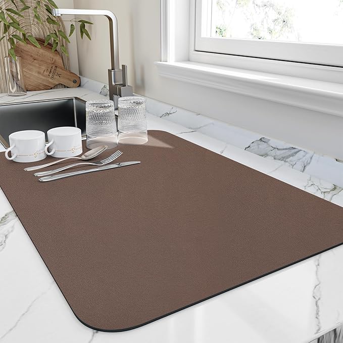 HotLive Dish Drying Mat for Kitchen Counter, Heat Resistant Drainer Mats with Non-slip Rubber Backed, Hide Stain Kitchen Super Absorbent Draining Mat, Easy to Clean Dish Rack Pad, Brown 18"x24"