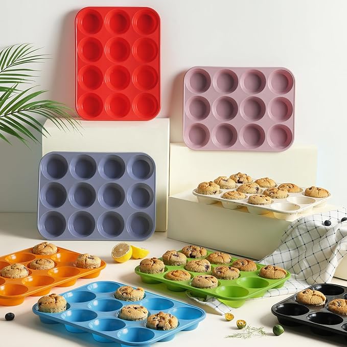 2 Pack 12 Cups Silicone Muffin Pan with Metal Reinforced Frame Regular Size Silicone Molds Cupcake Cake Baking Pans Cookie Baking Chocoflan Cupcake Mold Muffin Top Pan Flanera Housewarming Gift