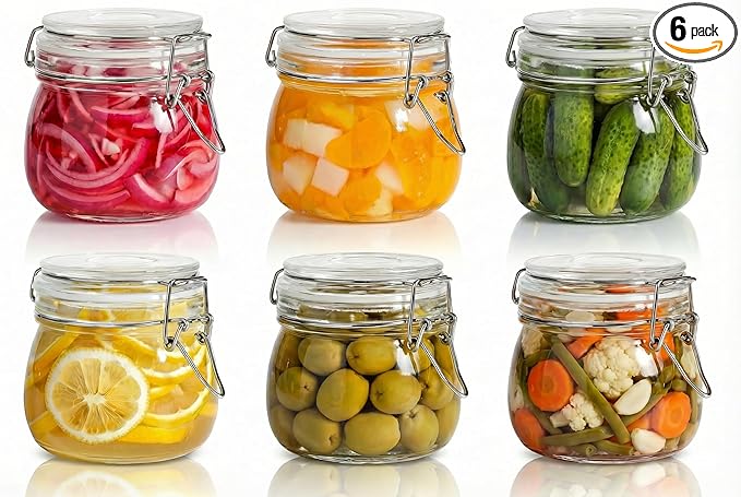 HomArtist Glass Jars with Airtight Lid Set of 6, 17 floz Wide Mouth Mason Jars with Clamp Lids,Glass Sealed Jars with Air Tight Lids, Best for Kitchen & Pantry Food Storage